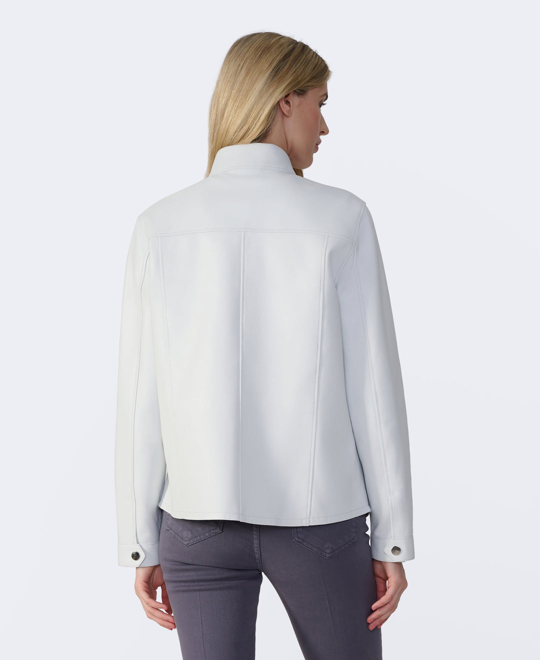 Back view of white leather shirt jacket