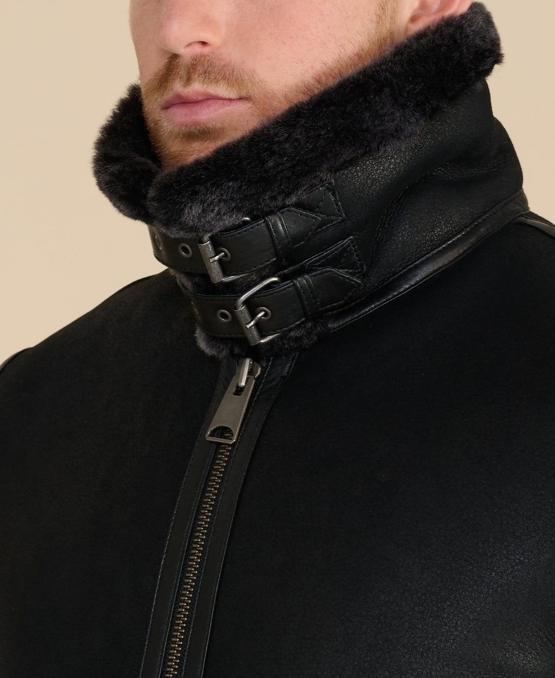 Black sheepskin aviator jacket close-up