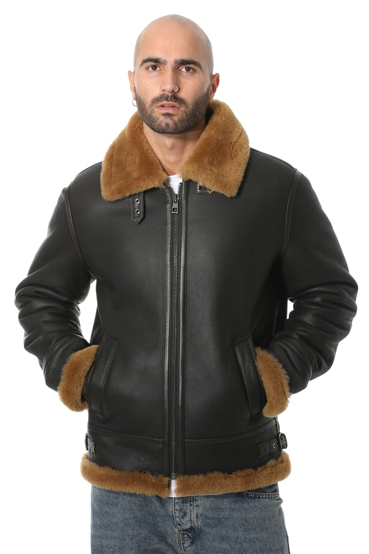Male model wearing shearling aviator jacket