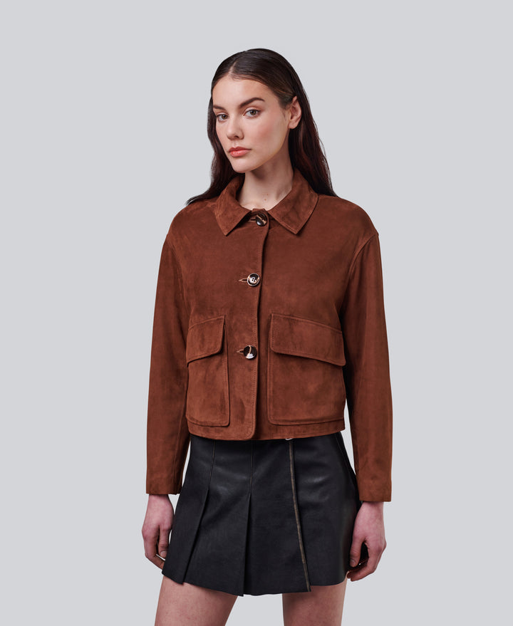 Brown suede jacket on model