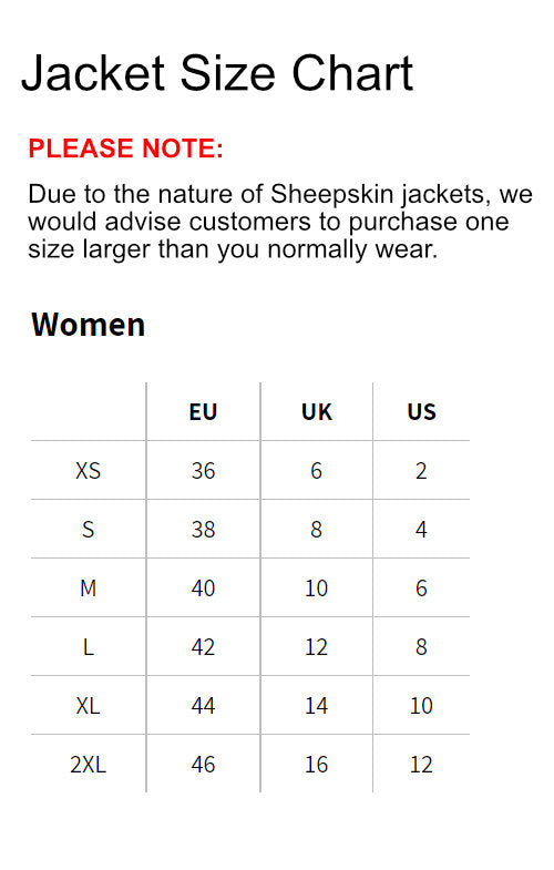 Women's jacket size chart