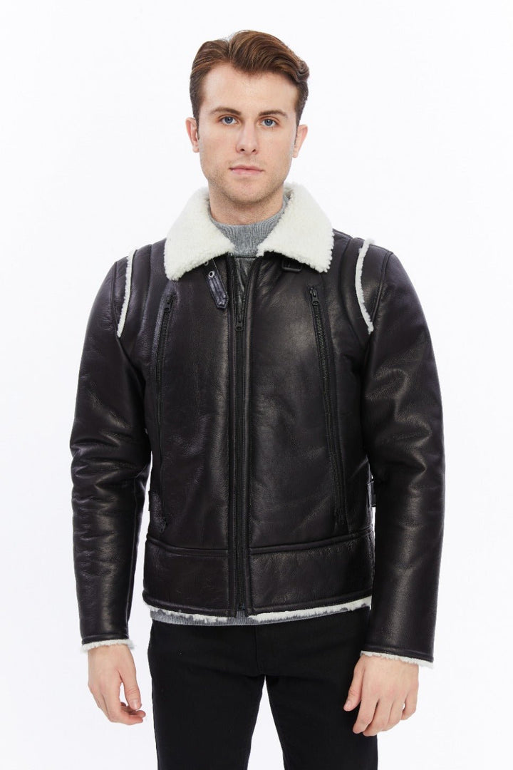 Man wearing shearling leather jacket