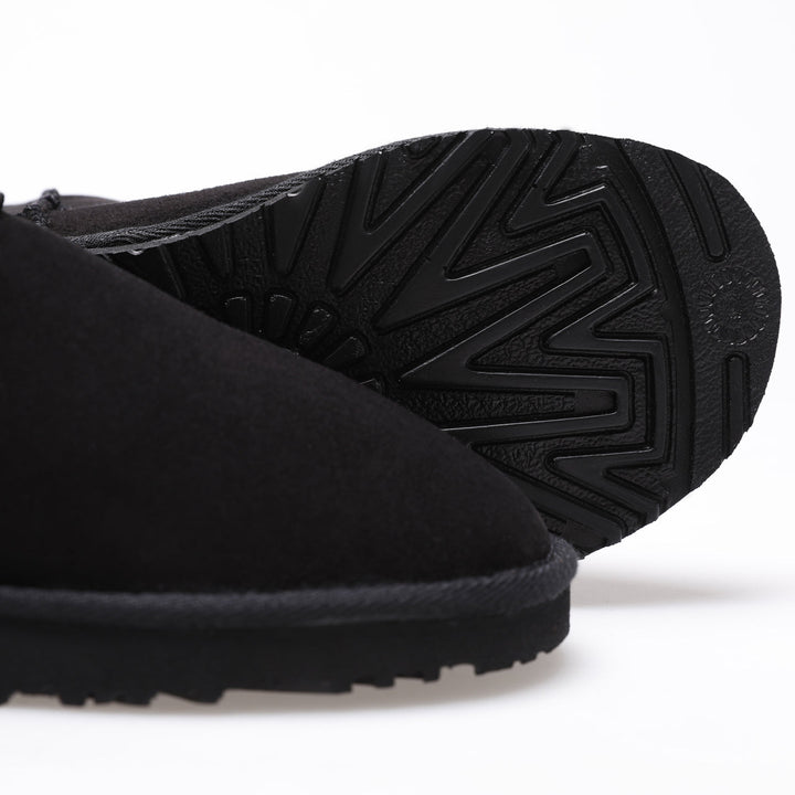 Black suede sheepskin boot close-up