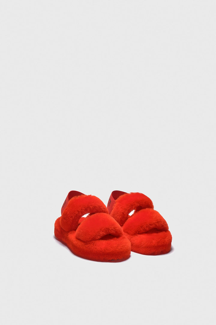Red shearling double-strap slides