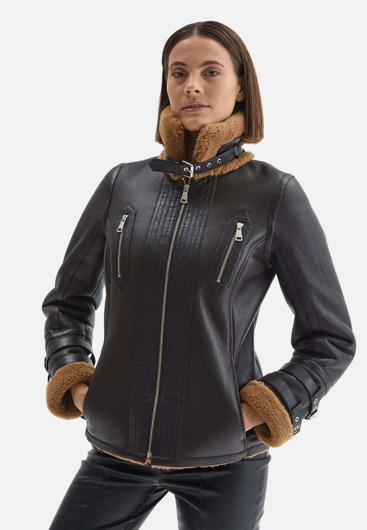 Brown sheepskin leather jacket on model