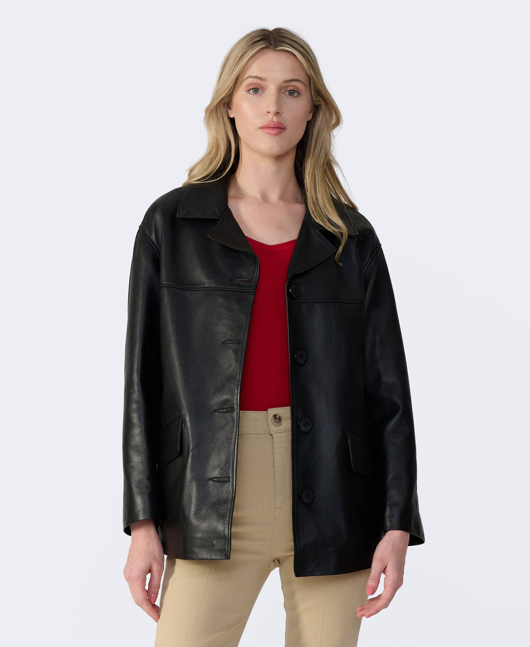 Woman wearing black leather jacket