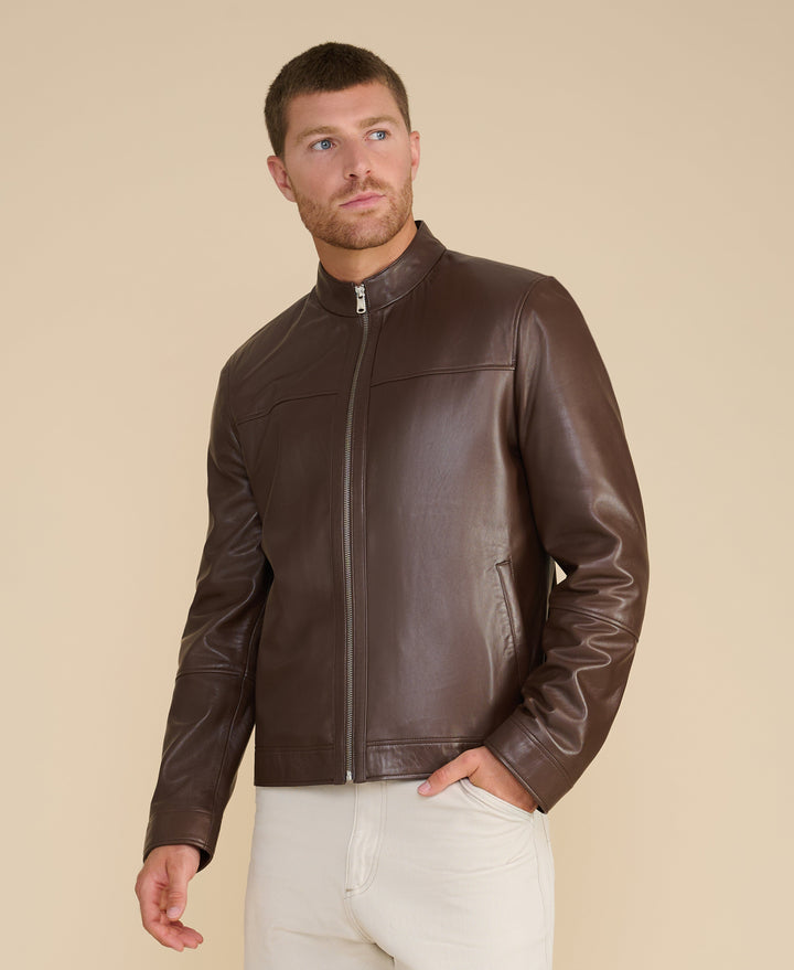Men's brown leather racer jacket
