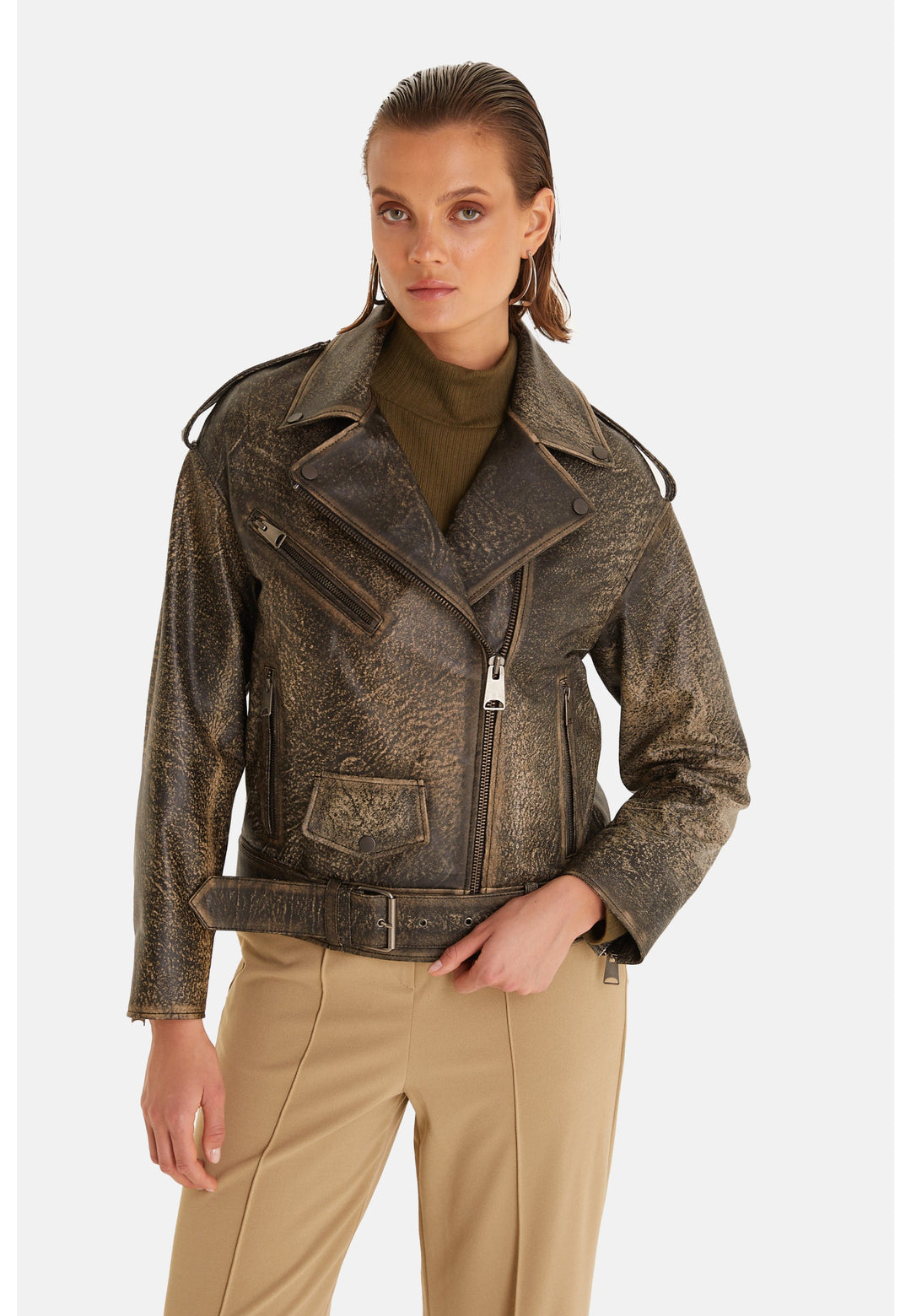Bronze metallic distressed leather biker jacket