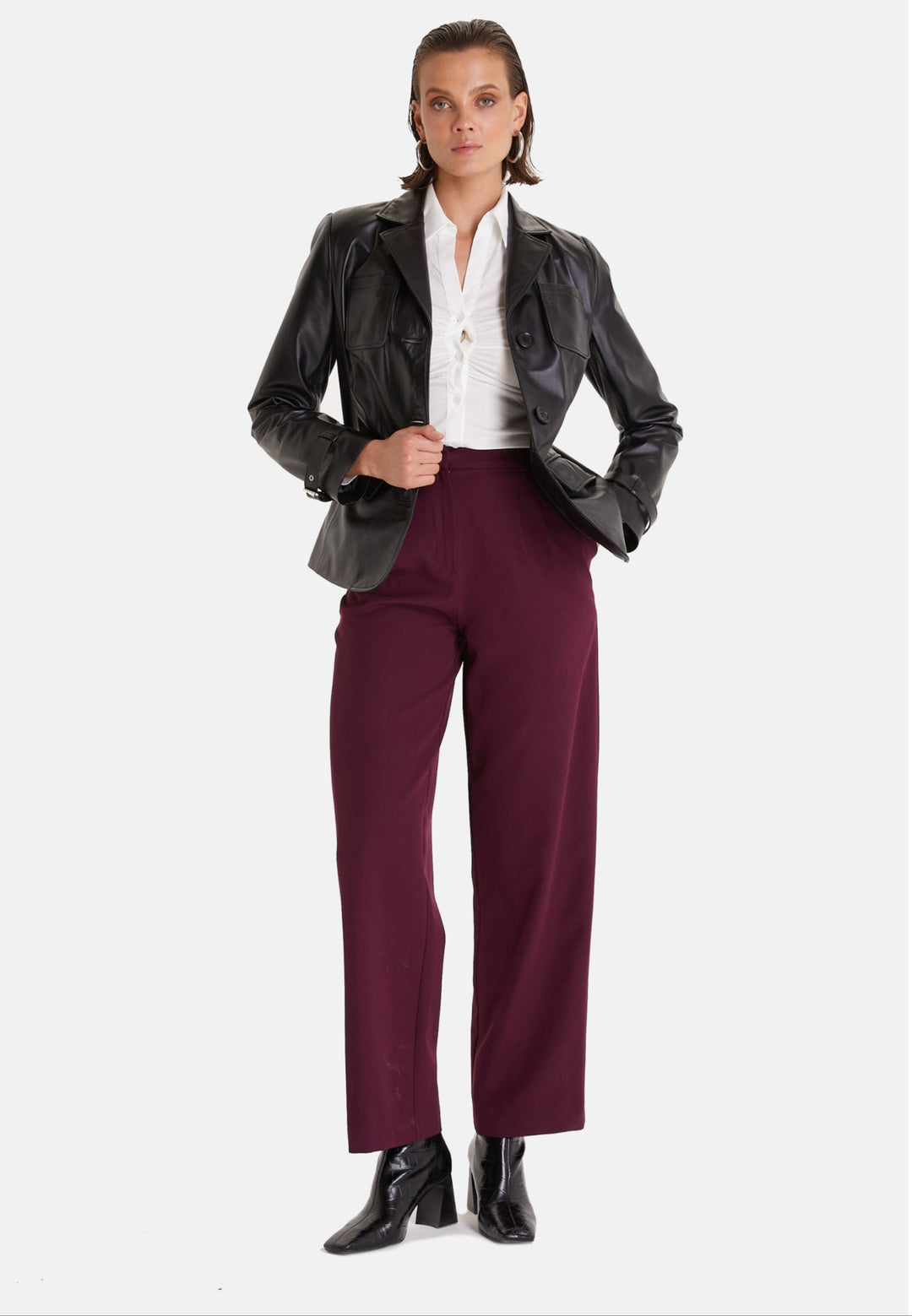 Woman wearing black leather jacket