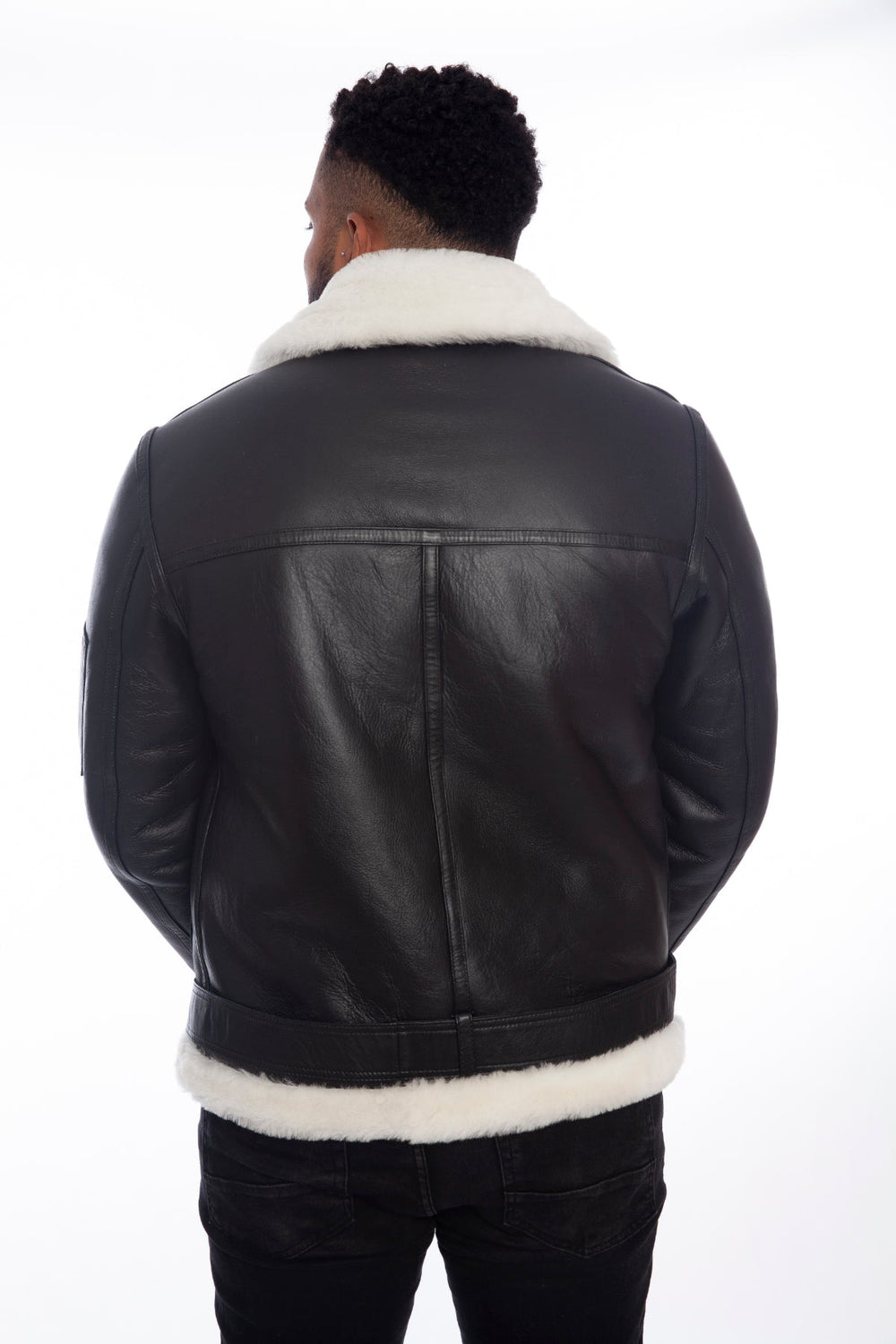 Rear view black sheepskin pilot jacket