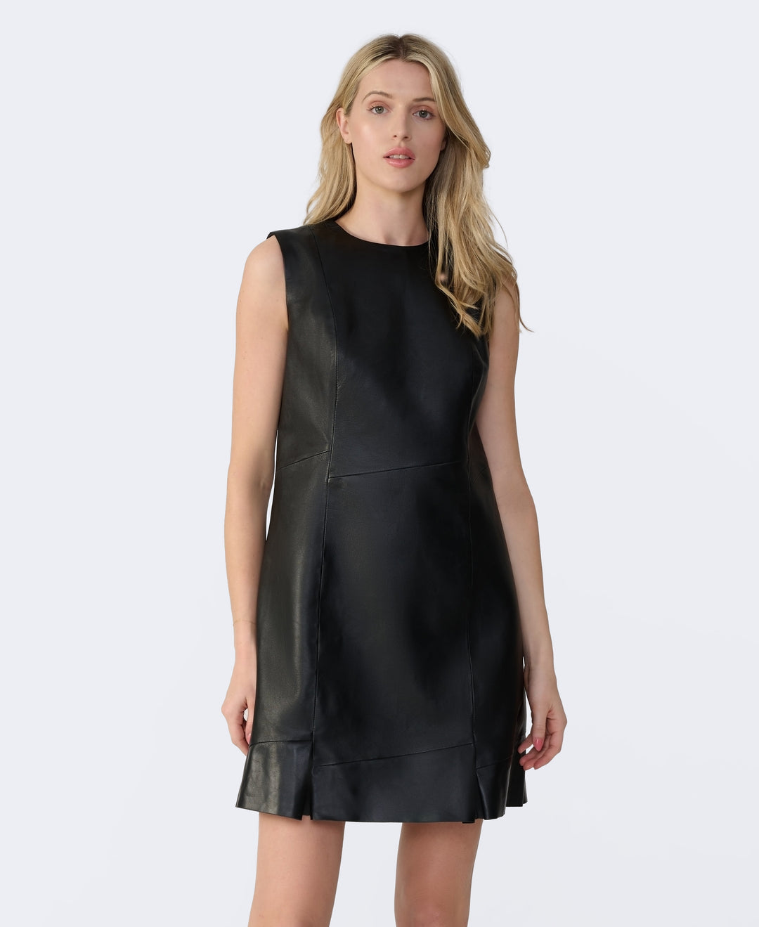 Black sleeveless leather mini dress