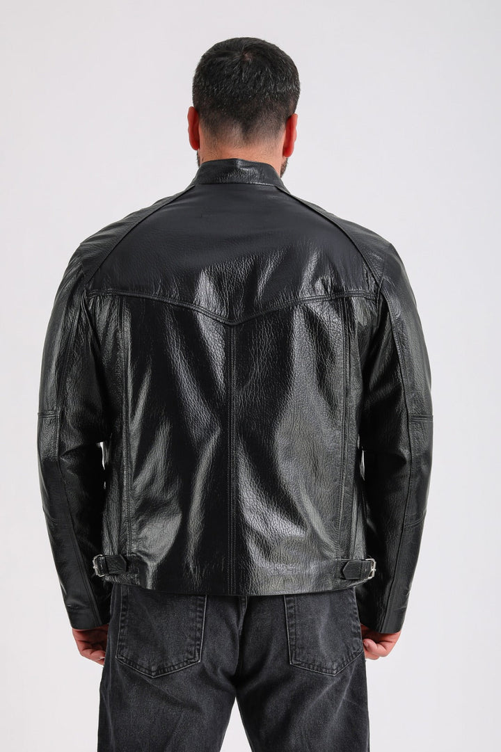 Man wearing black leather jacket (back)