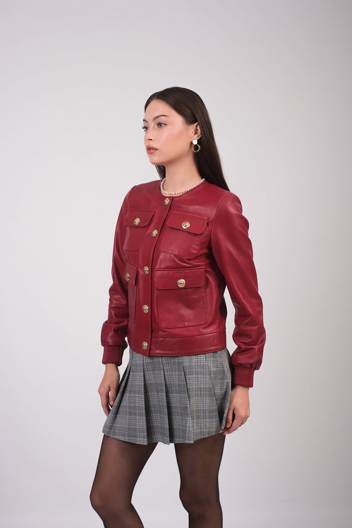 Woman wearing red leather jacket