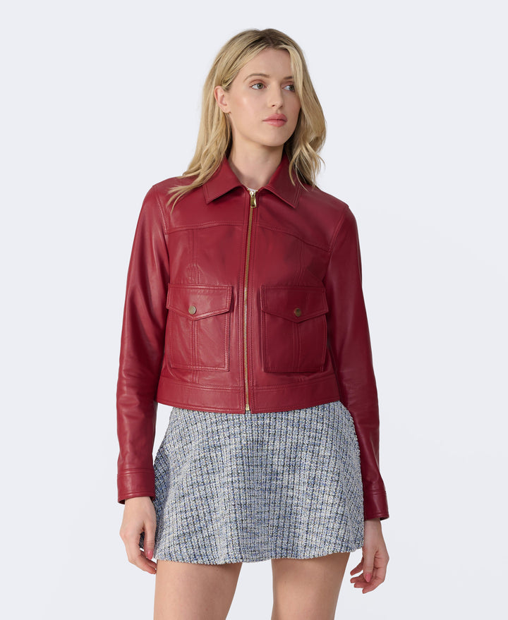 Red leather jacket on model