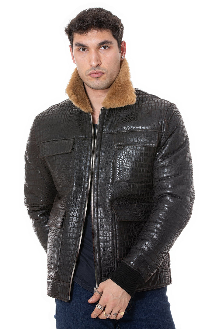 Man wearing brown shearling-collar leather jacket