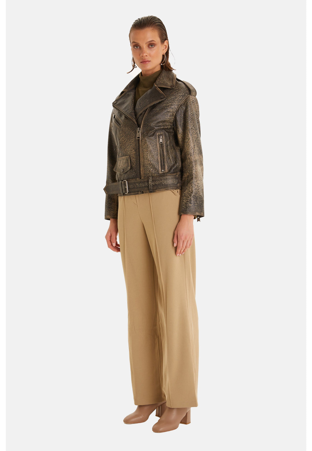 Woman wearing brown leather jacket