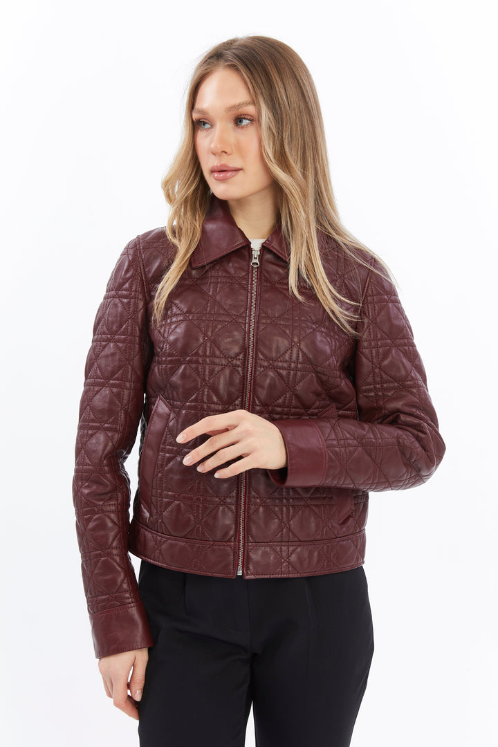 Burgundy quilted leather jacket