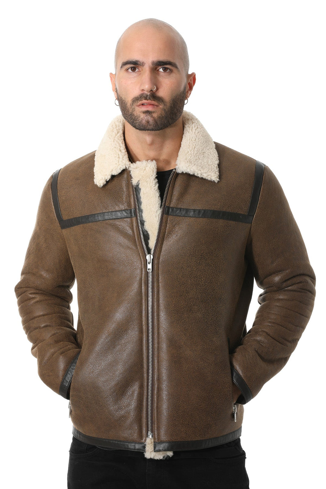 Man wearing brown sheepskin jacket