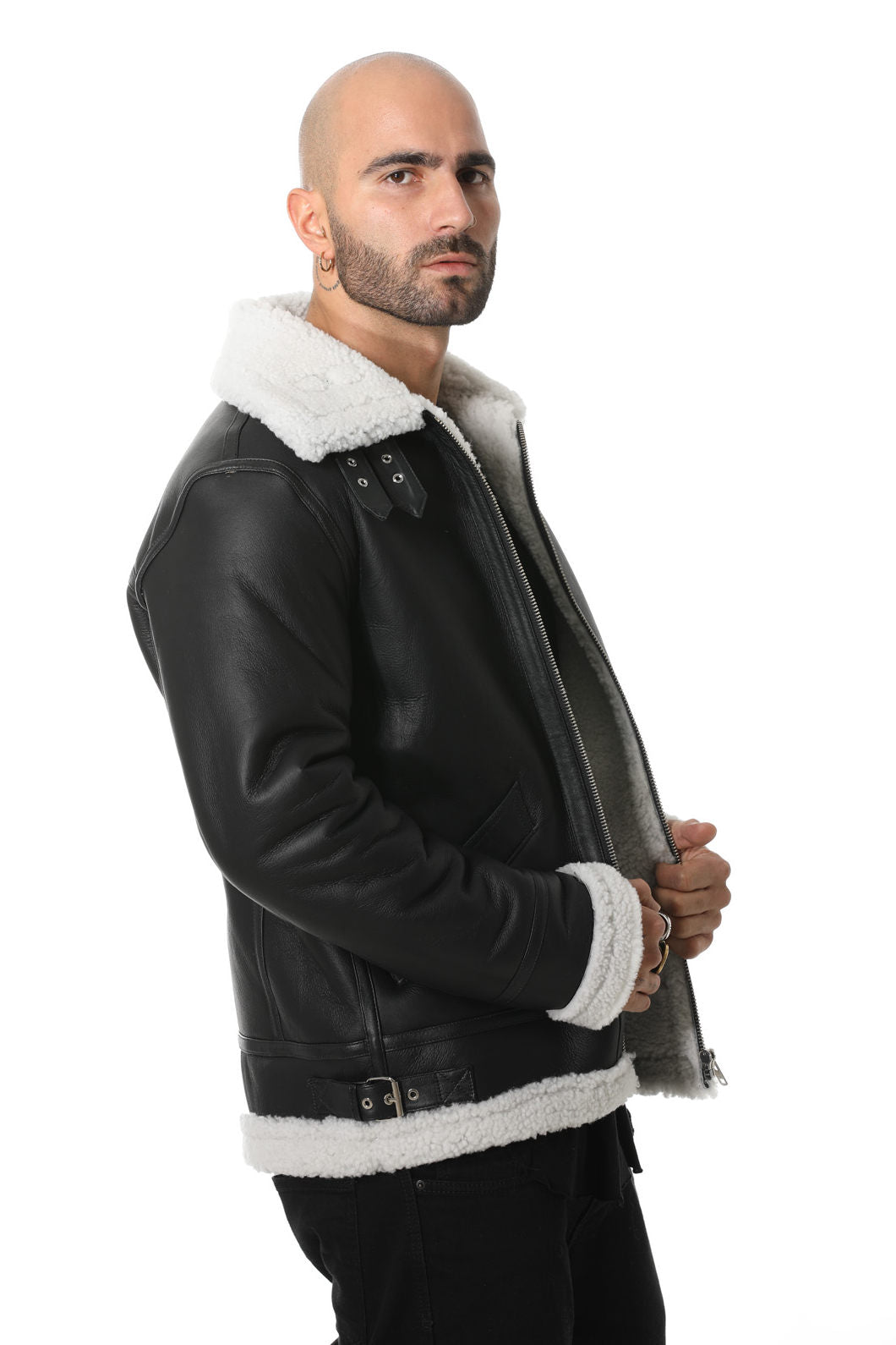 Male model wearing black shearling aviator jacket