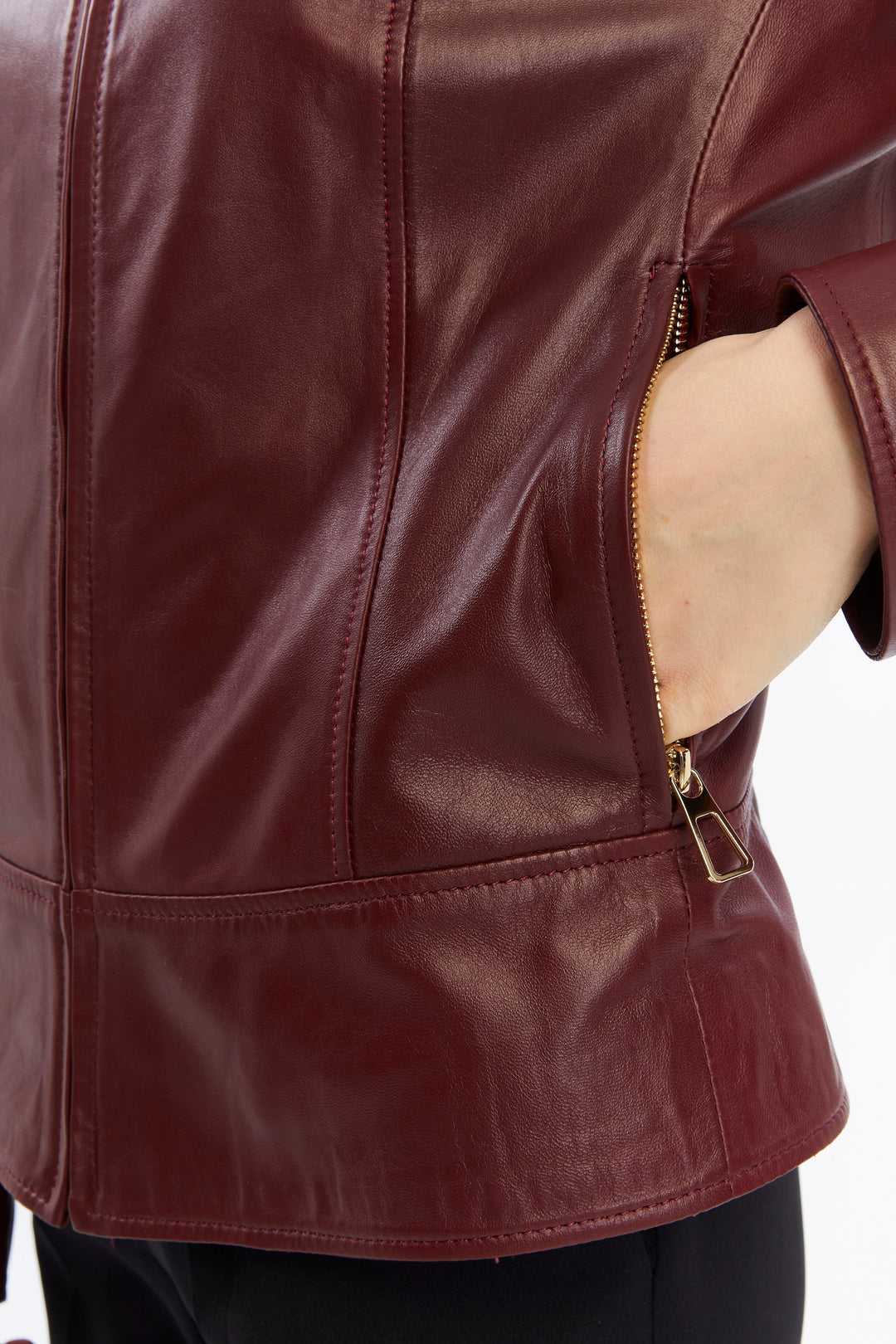Maroon leather jacket close-up