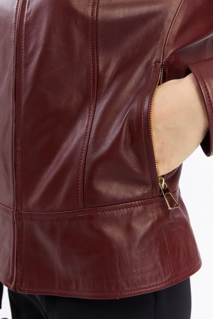 Maroon leather jacket close-up