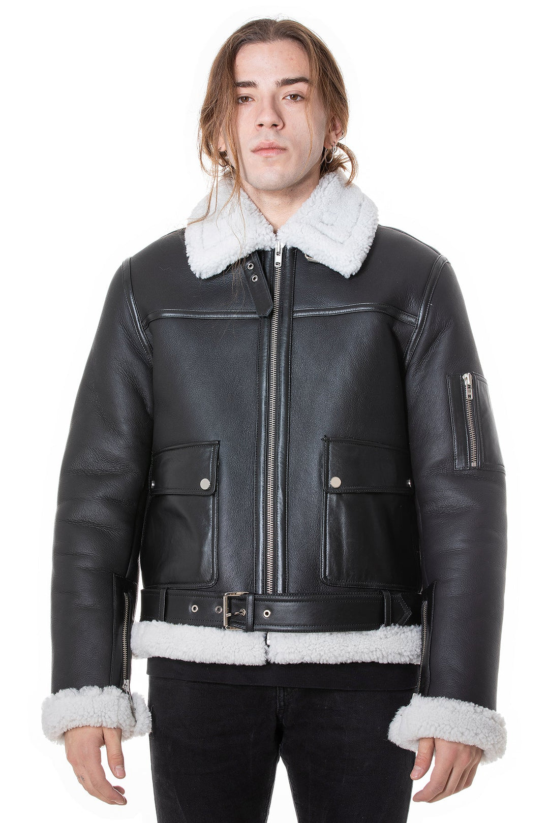 Men's black sheepskin pilot jacket - white shearling