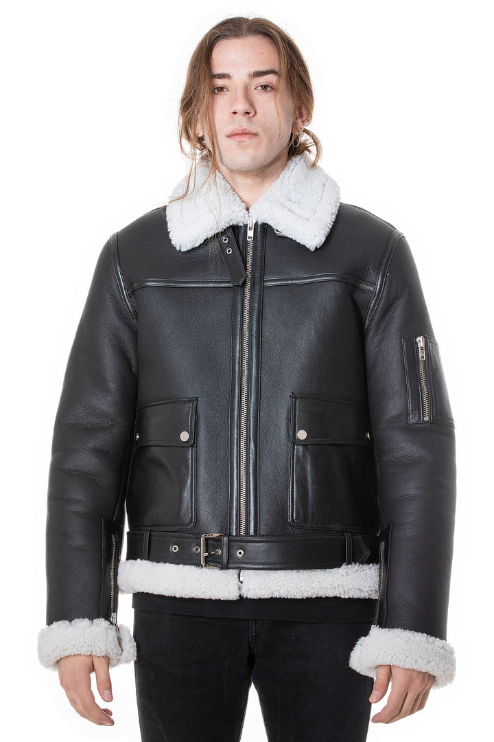 Men's black sheepskin pilot jacket - white shearling