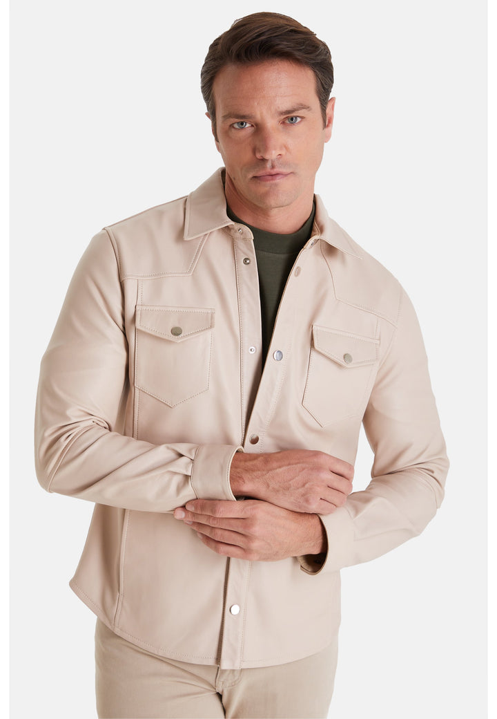 Man wearing beige leather jacket