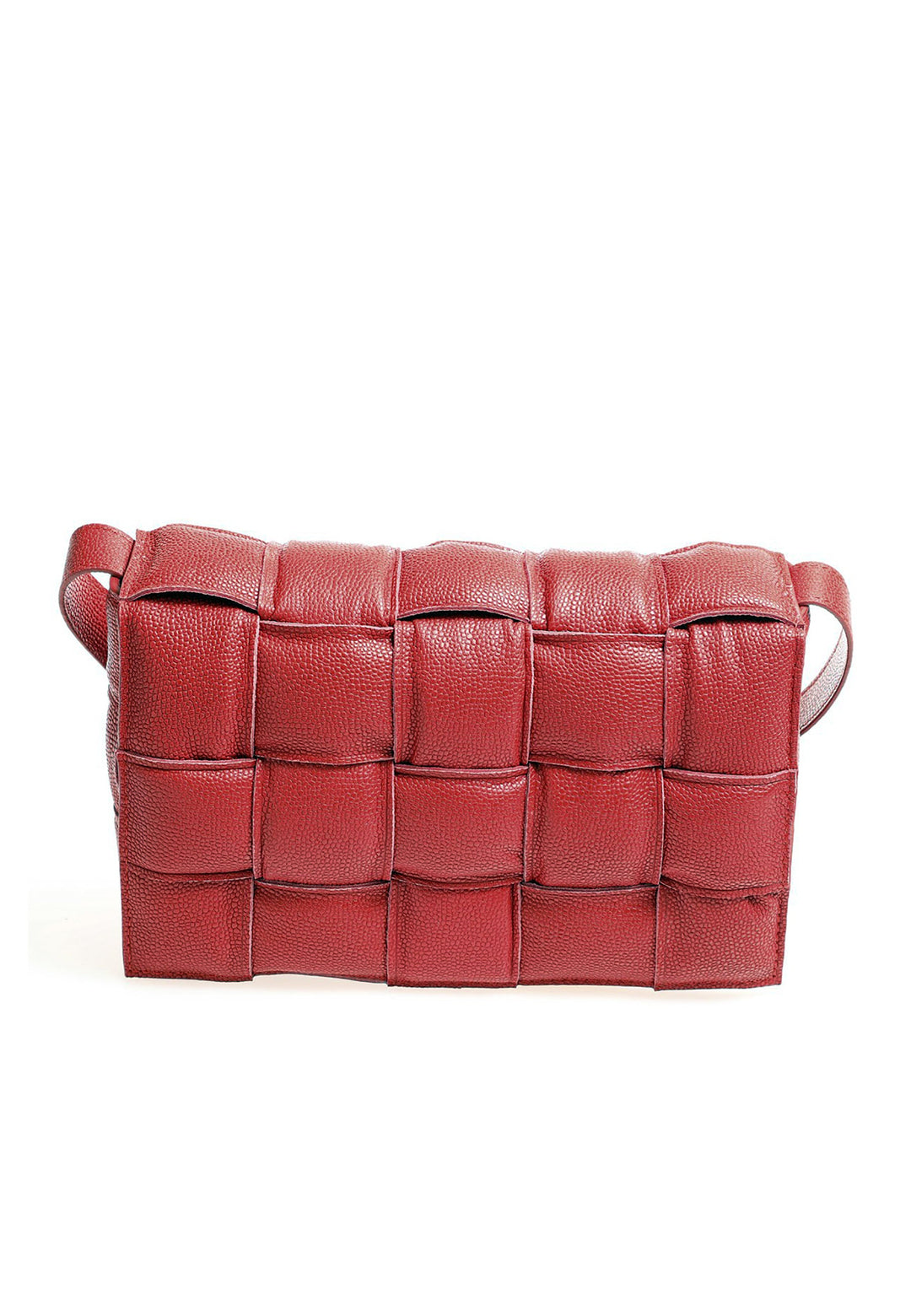 Red pebbled leather woven handbag