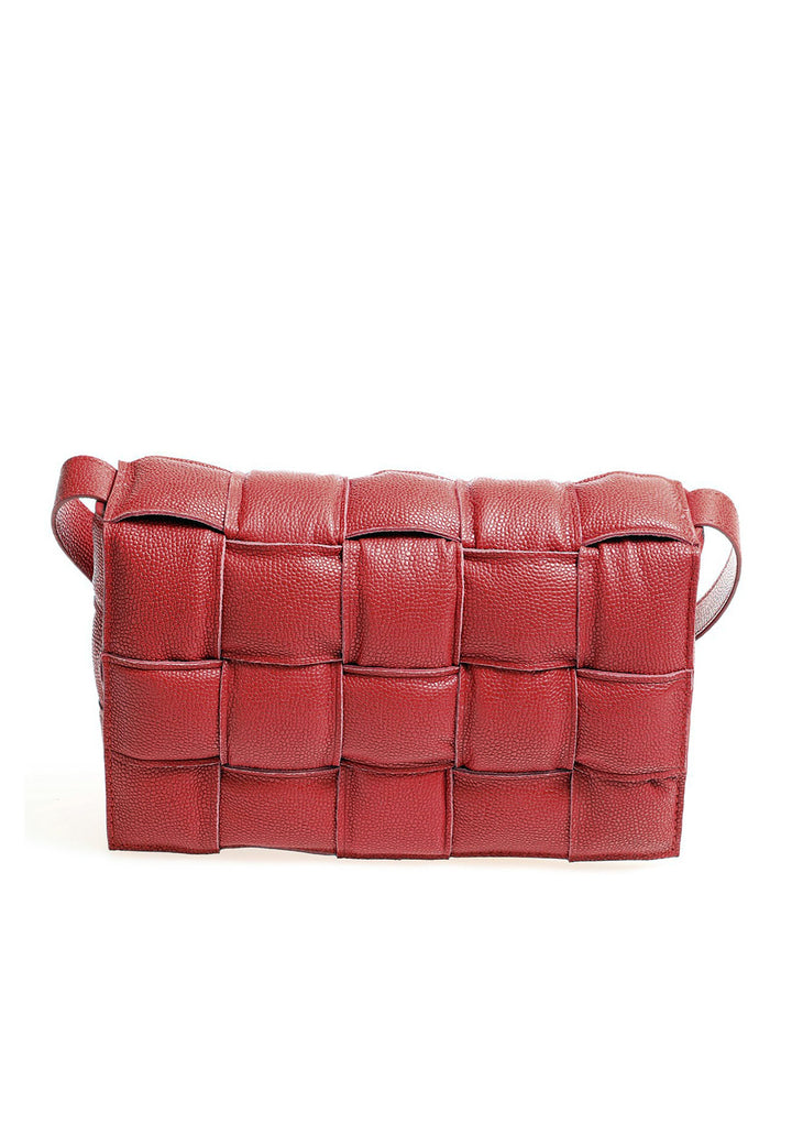 Red pebbled leather woven handbag