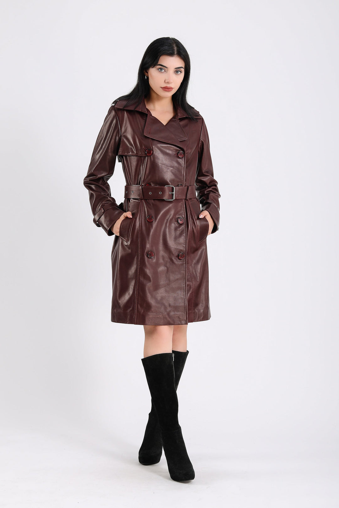 Brown leather trench coat on model