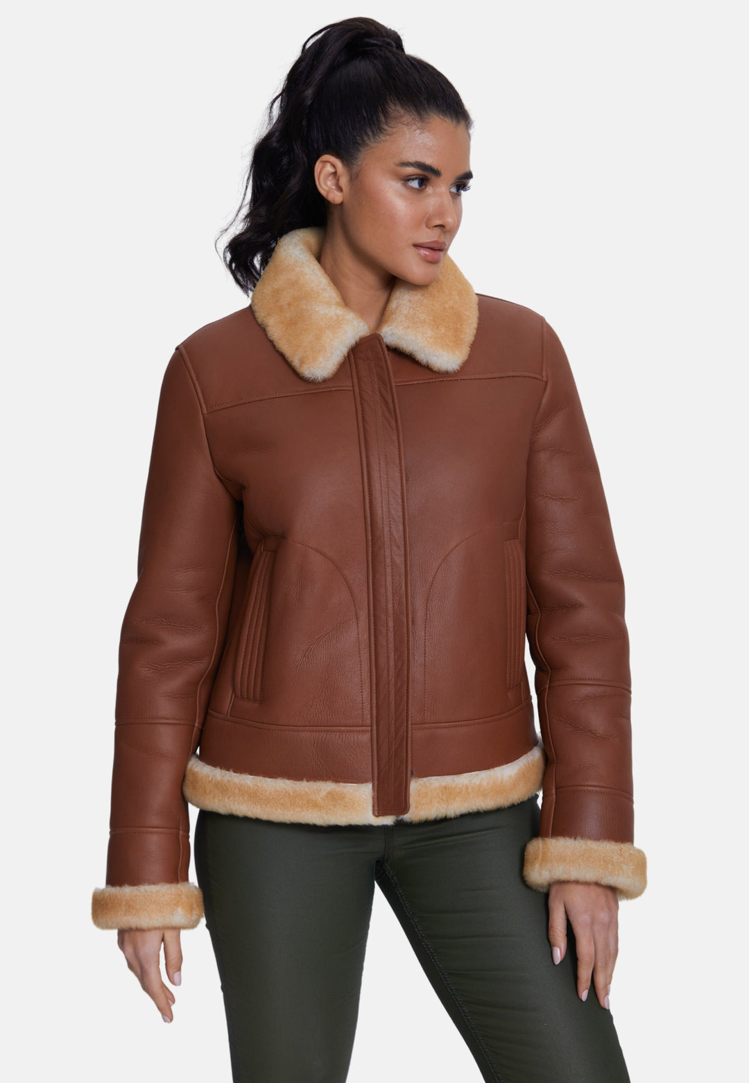 Brown sheepskin jacket with fur trim