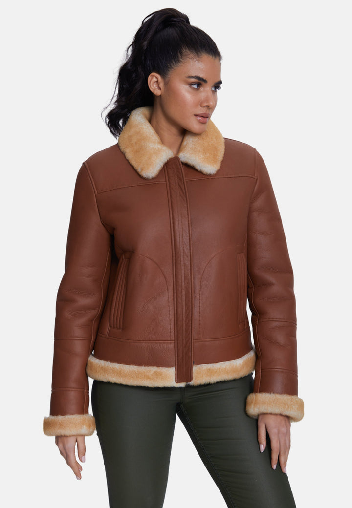 Brown sheepskin jacket with fur trim