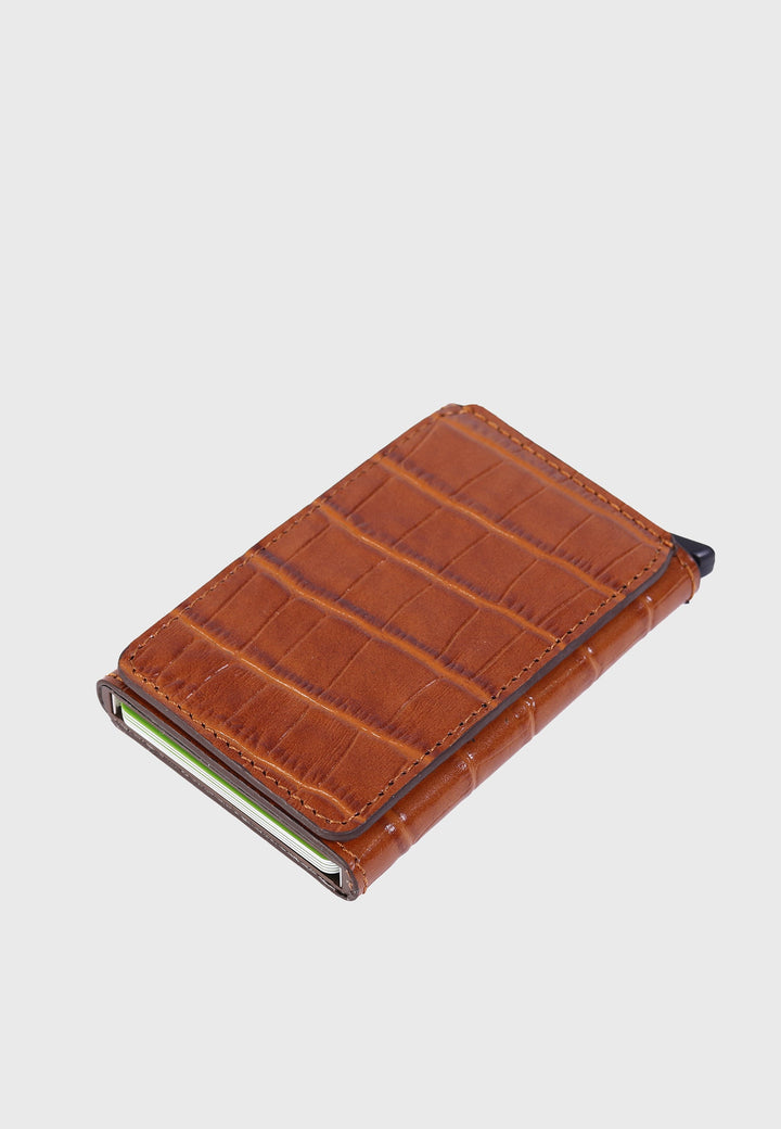 Tan crocodile-embossed leather card holder
