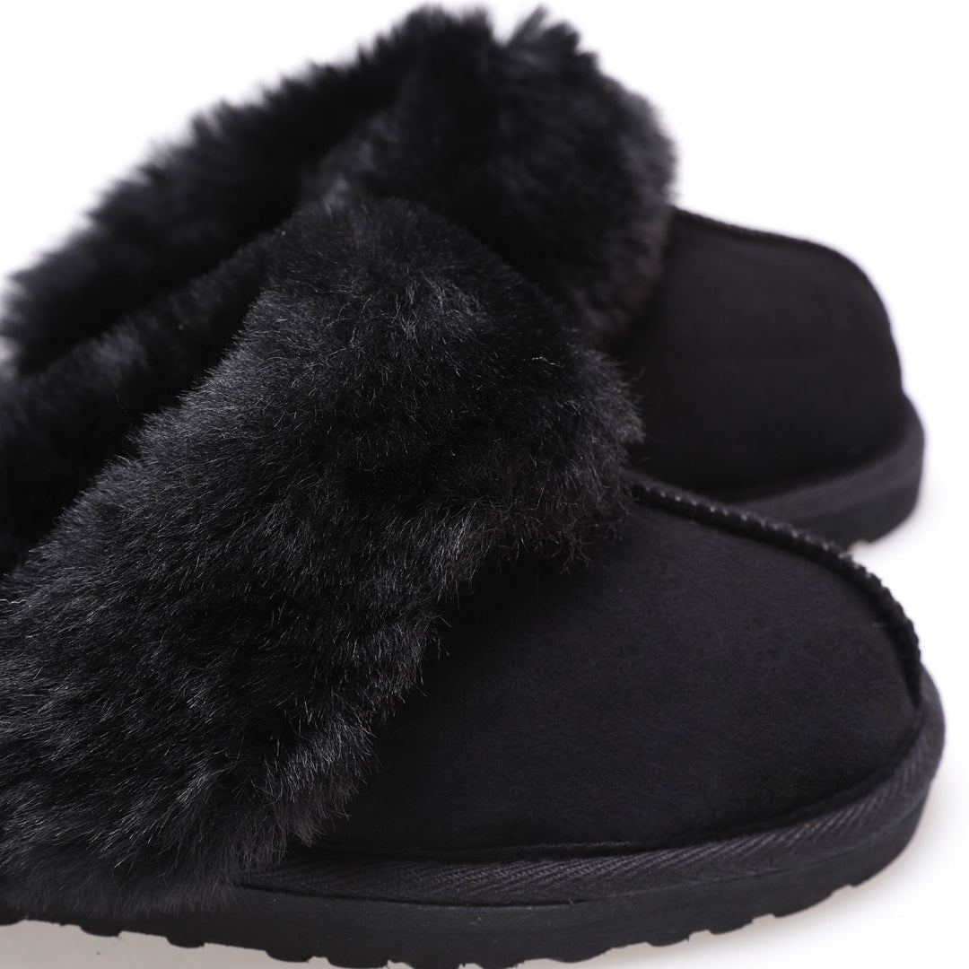 Black sheepskin fur slip-on slippers