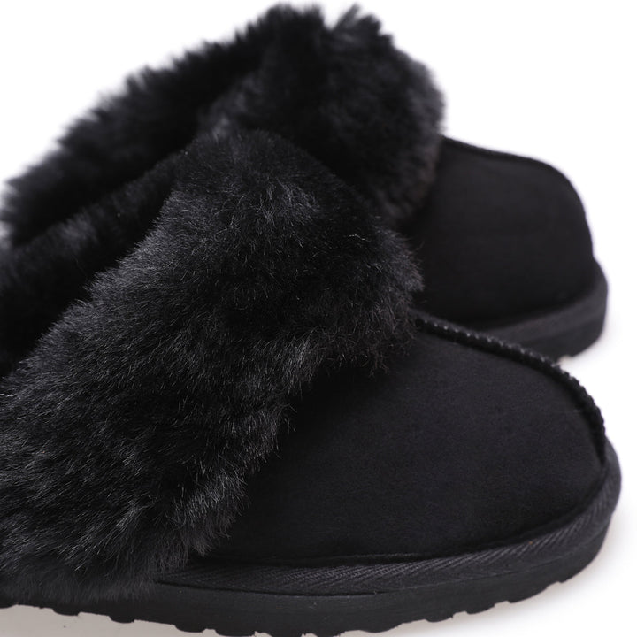 Black sheepskin fur slip-on slippers