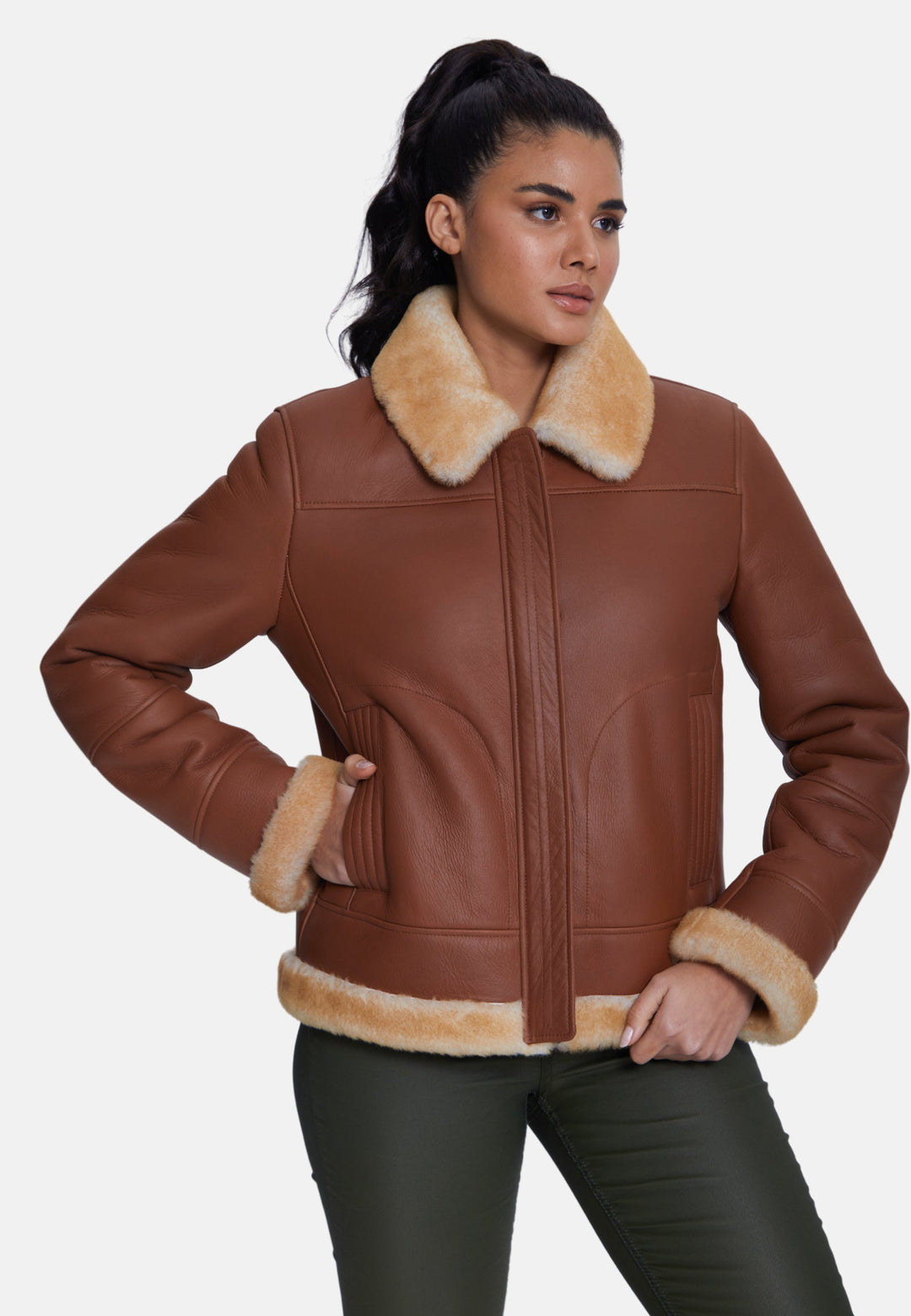 Brown sheepskin jacket with tan shearling