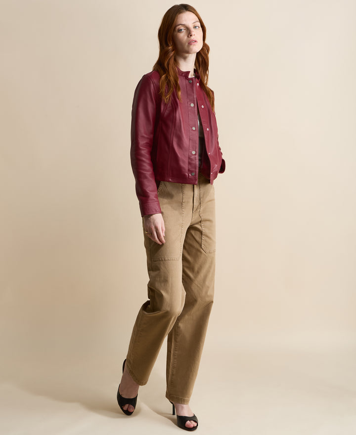 Amelia light burgundy leather jacket styled with neutral pants