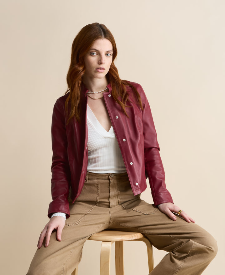 Amelia women's light burgundy leather jacket by FURNIQ UK styled open