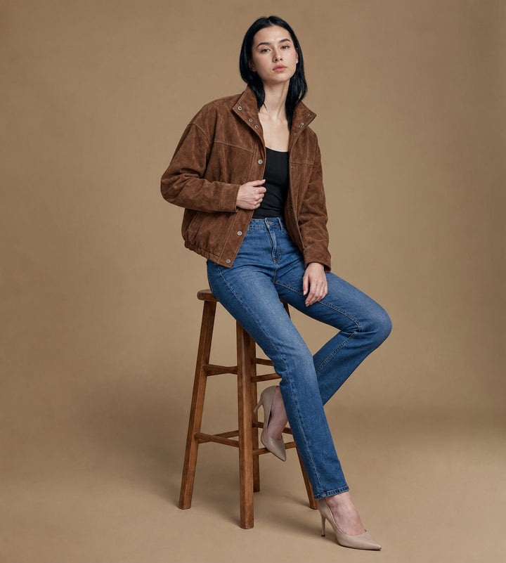 Seated model wearing the Arden chestnut brown suede jacket open over a black tank with blue jeans.
