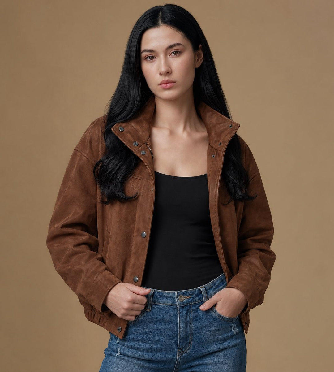 Arden chestnut brown suede jacket worn open, showing the funnel collar and front snap fastenings.