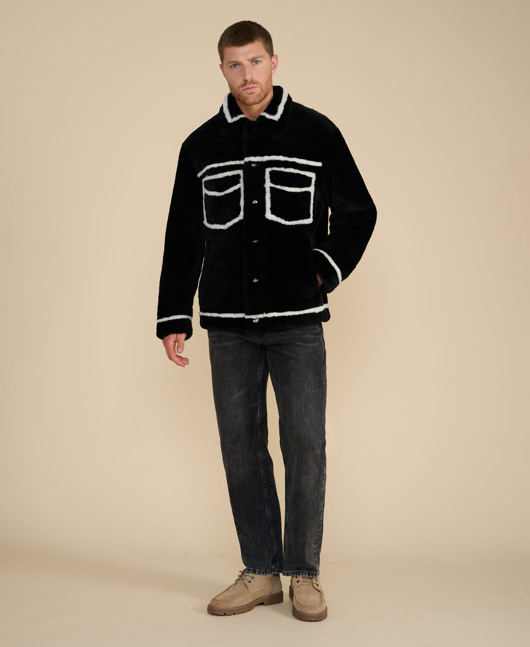 Ashton men's black shearling jacket front view with contrast trim