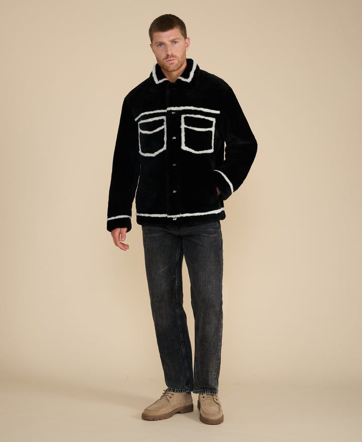 Ashton men's black shearling jacket front view with contrast trim