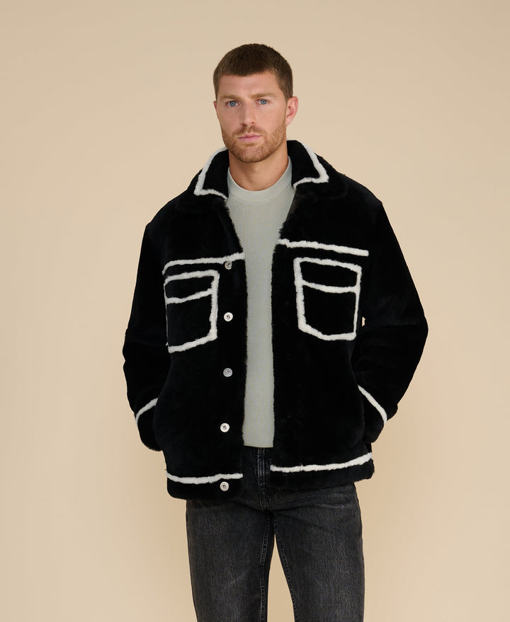 Ashton men's black shearling jacket full-length styling image