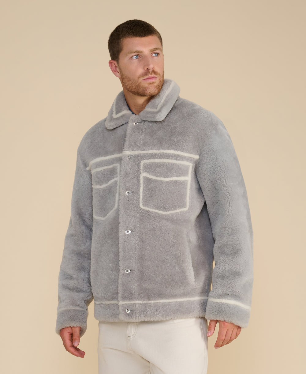 Ashton men's grey shearling jacket angled view with patch pockets