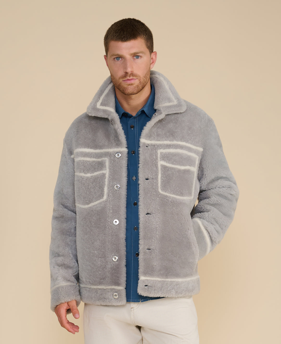 Ashton men's grey shearling jacket front view