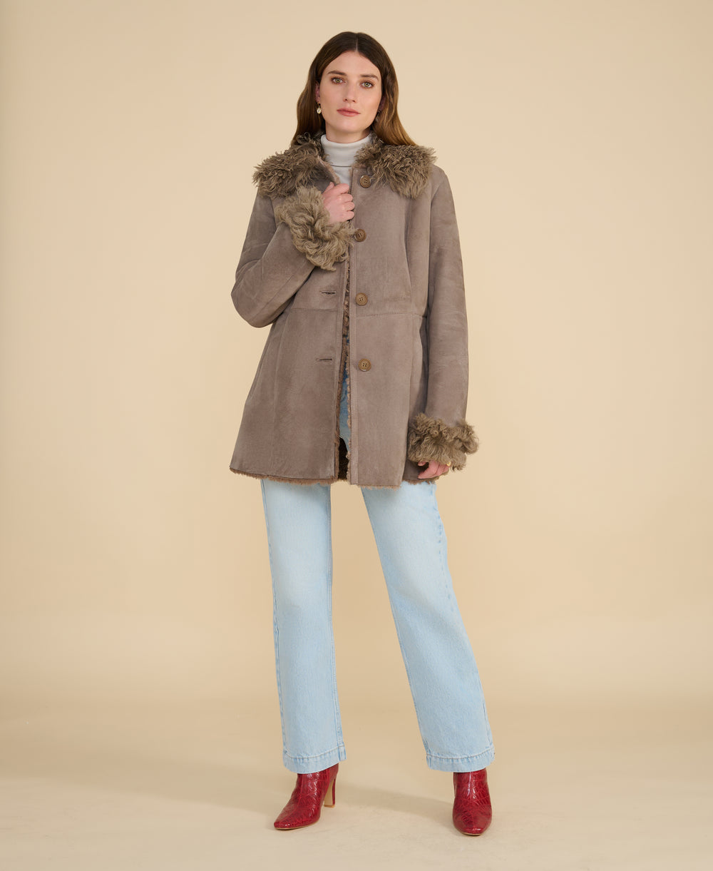 Aubrey luxury taupe shearling coat angled view