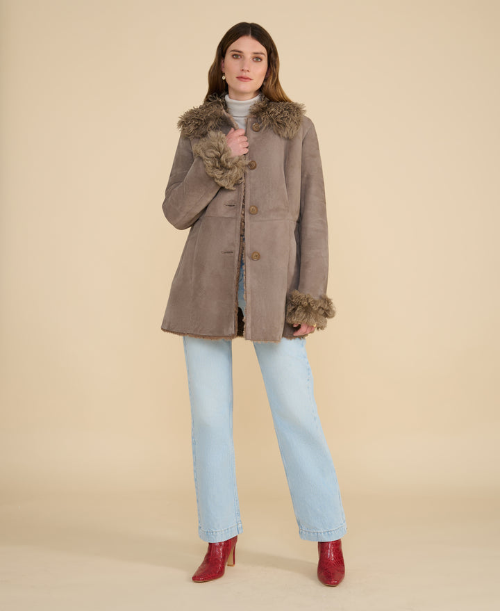 Aubrey luxury taupe shearling coat angled view