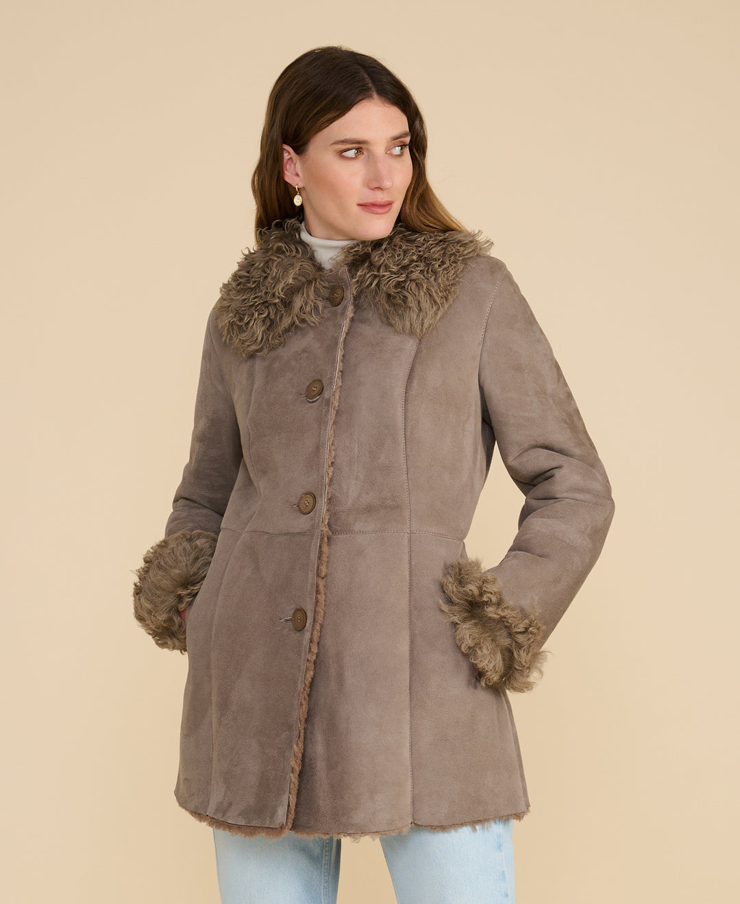Aubrey taupe shearling coat front view