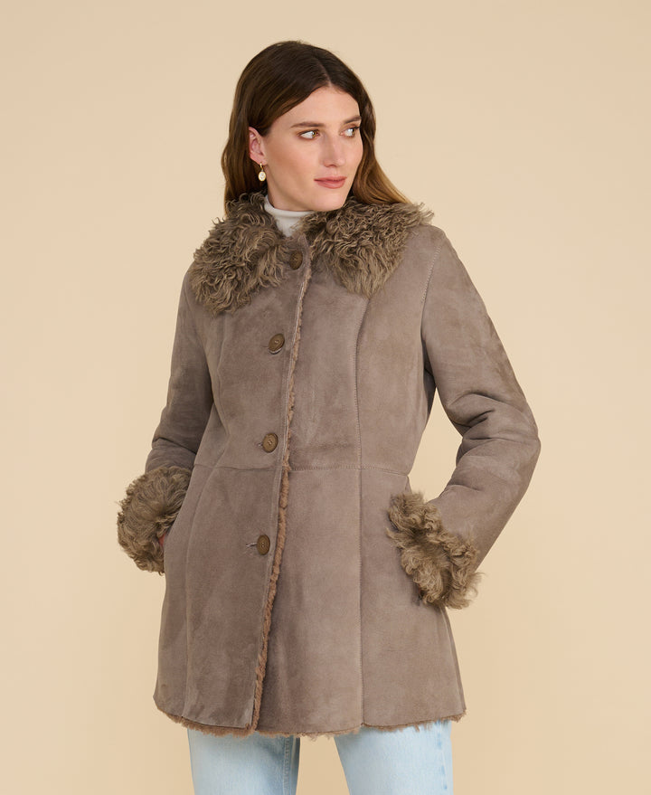 Aubrey taupe shearling coat front view
